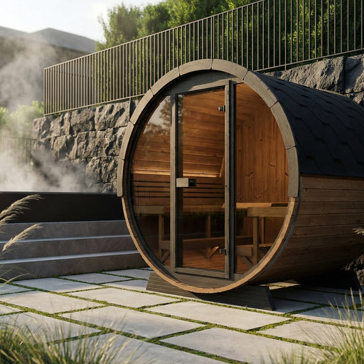 SaunaLife EE8G barrel sauna with full glass front installed beside a modern home with steam rising