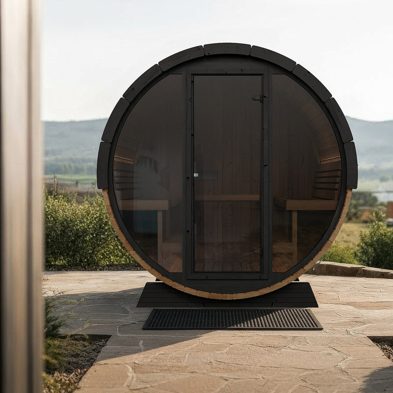 SaunaLife EE8G barrel sauna on a stone patio with mountain views