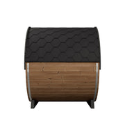 SaunaLife EE8G barrel sauna side view with Thermo-Spruce staves and hexagonal shingle roof