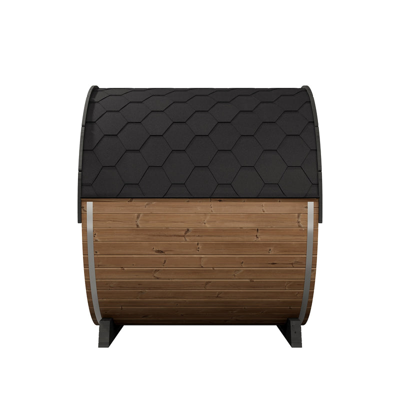 SaunaLife EE8G barrel sauna side view with Thermo-Spruce staves and hexagonal shingle roof