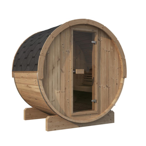 Outdoor SaunaLife Model E6 barrel sauna with wooden exterior and glass door, designed for relaxation and outdoor use.