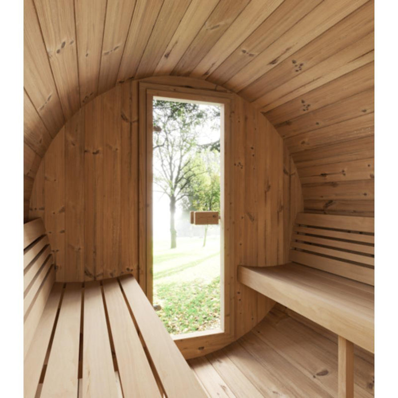 SaunaLife Model E6 outdoor barrel sauna with wooden exterior and glass door, designed for outdoor relaxation and wellness.