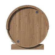 SaunaLife Model E6 outdoor barrel sauna with wooden exterior and glass door, designed for relaxing outdoor wellness.
