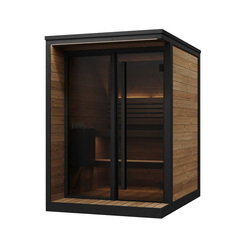 SaunaLife GL4 outdoor sauna kit three-quarter front view with bronze glass front and black aluminum trim