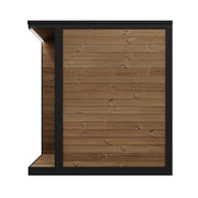 SaunaLife GL4 outdoor sauna side elevation showing Thermo-Spruce cladding and roof overhang