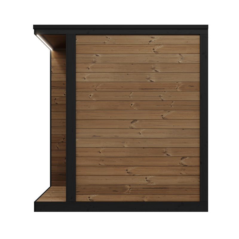 SaunaLife GL4 outdoor sauna side elevation showing Thermo-Spruce cladding and roof overhang
