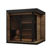 SaunaLife GL6 outdoor sauna kit three-quarter view with full glass front and black trim