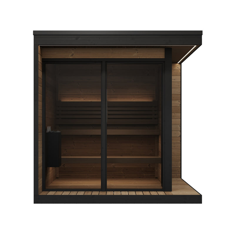 SaunaLife GL6 outdoor sauna front view showing glass wall and two-tier benches