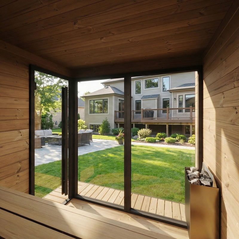 View from inside the SaunaLife GL6 outdoor sauna through the glass front to the backyard