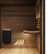 SaunaLife GL6 outdoor sauna interior with L-shaped bench, backrest, and wall-mounted heater
