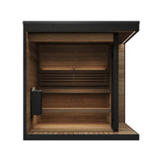 SaunaLife GL6 outdoor sauna cutaway front showing heater and backlit benches