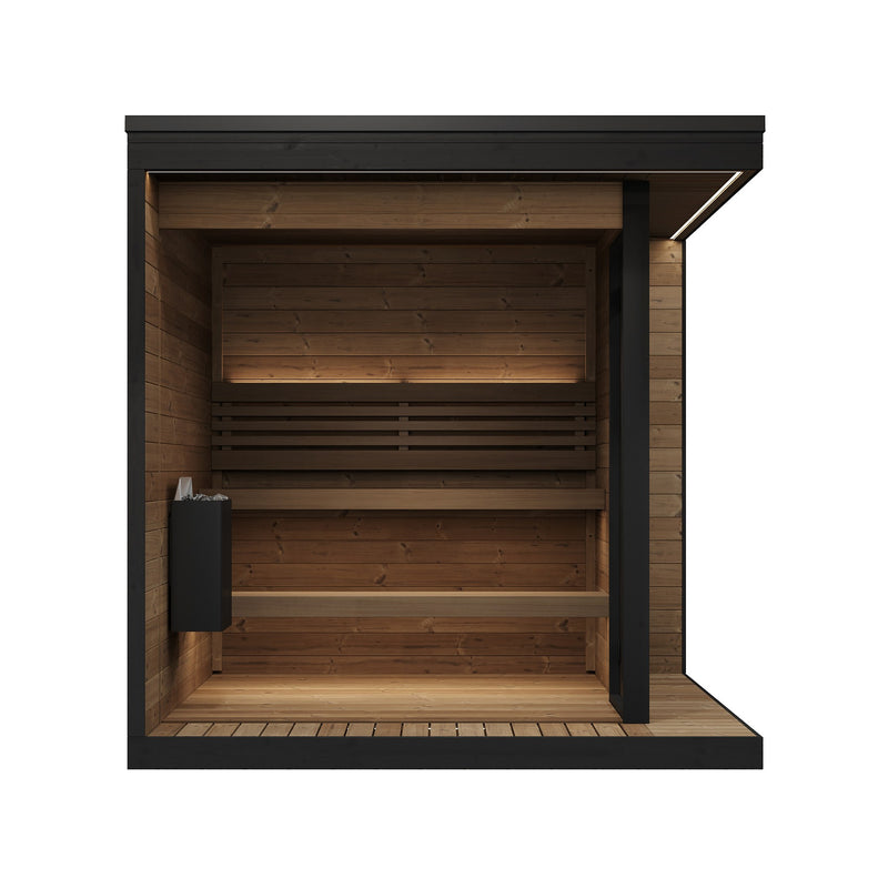 SaunaLife GL6 outdoor sauna cutaway front showing heater and backlit benches