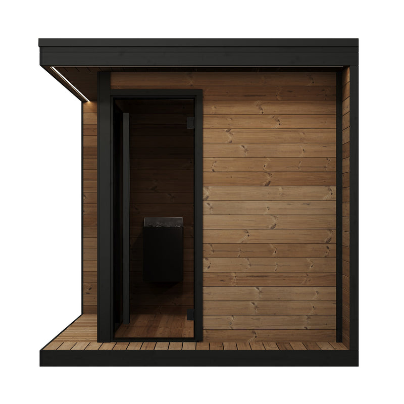 SaunaLife GL6 outdoor sauna side view with glass entry door