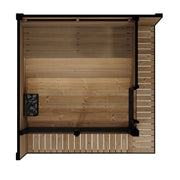 SaunaLife GL6 outdoor sauna top-down cutaway showing bench layout and heater placement