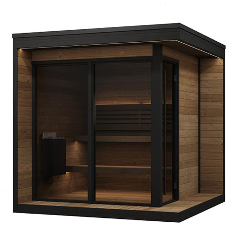 SaunaLife GL6 outdoor sauna kit with wooden panels and glass door, designed for backyard installation.