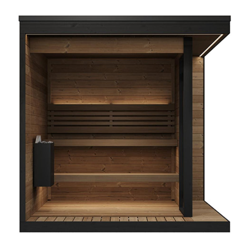 SaunaLife GL6 outdoor sauna kit with wooden panels and glass door, designed for backyard installation and outdoor relaxation.
