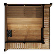 Floor plan of SaunaLife GL6 outdoor sauna kit showing layout and dimensions for installation and design.