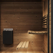 Interior view of SaunaLife GL6 outdoor sauna kit with wooden benches, heater, and natural wood interior for relaxation.