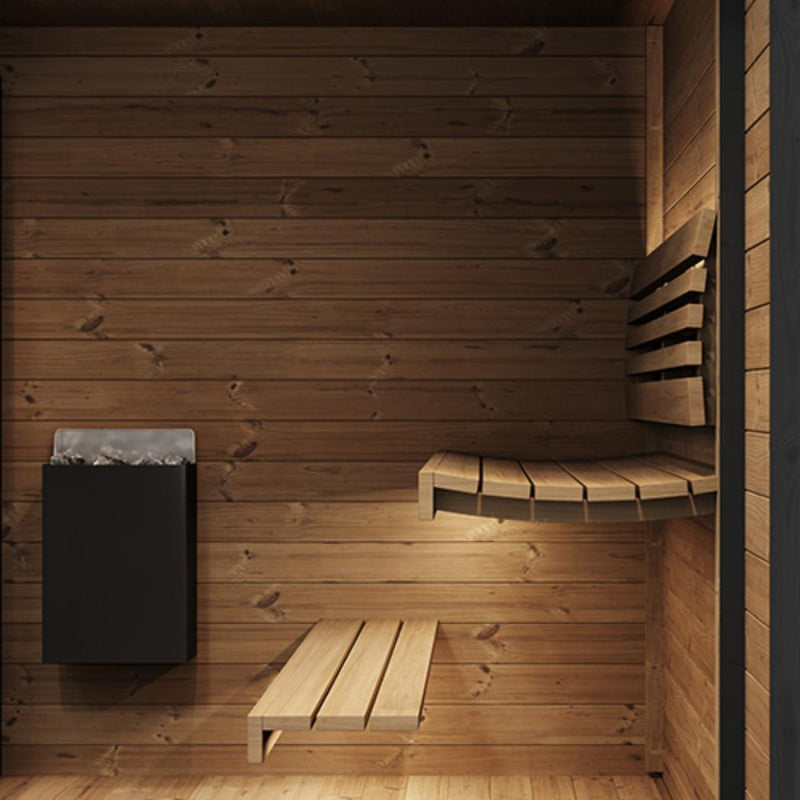 Interior view of SaunaLife GL6 outdoor sauna kit with wooden benches, heater, and natural wood interior for relaxation.
