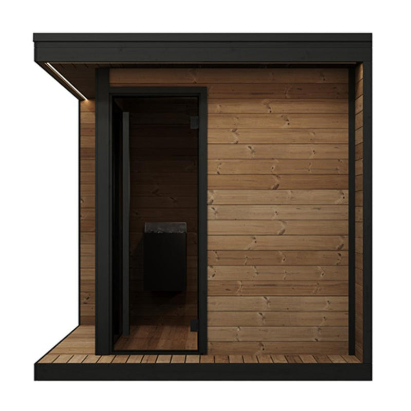 SaunaLife GL6 outdoor sauna kit with wooden panels, glass door, and interior benches for relaxing outdoor sauna sessions.