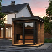 SaunaLife GL6 outdoor sauna kit with wooden panels and door, designed for backyard installation and relaxation.