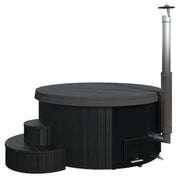 SaunaLife Model S4B wood burning hot tub with wooden exterior and open seating, ideal for outdoor relaxation and soaking.
