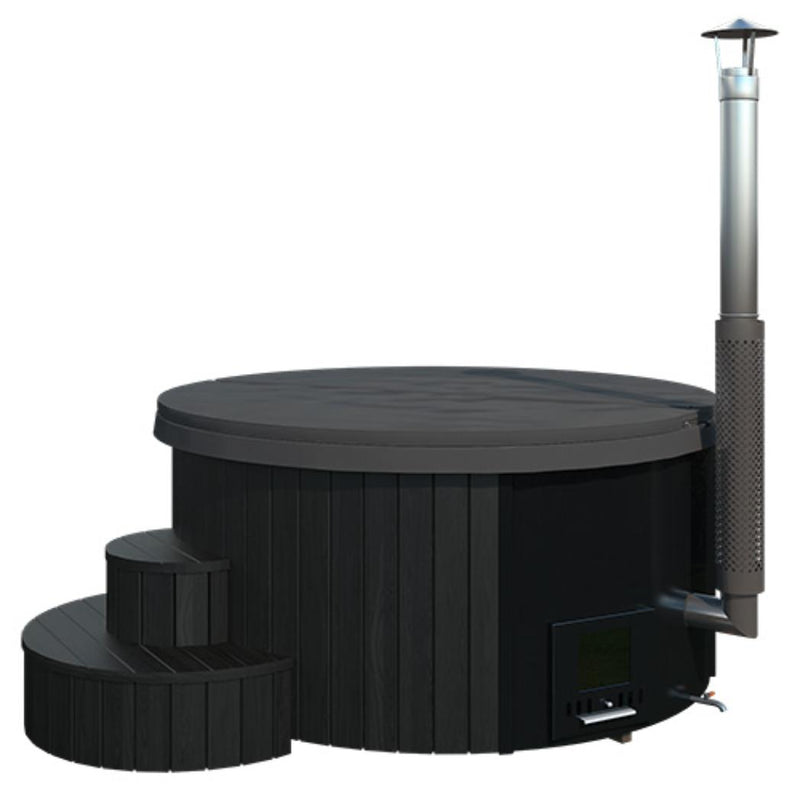 SaunaLife Model S4B wood burning hot tub with wooden exterior and open seating, ideal for outdoor relaxation and soaking.
