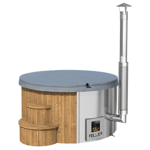 SaunaLife Model S4N wood burning hot tub with wooden exterior and seating, ready for outdoor relaxation.