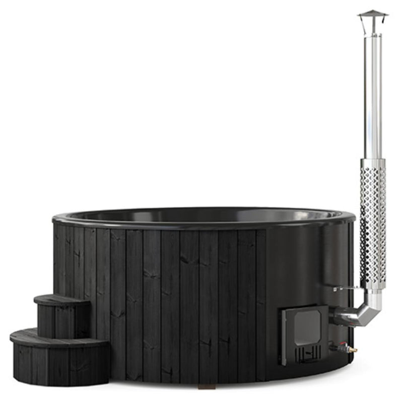 SaunaLife Model S6B wood burning hot tub with wooden exterior and seating, set outdoors with surrounding greenery.