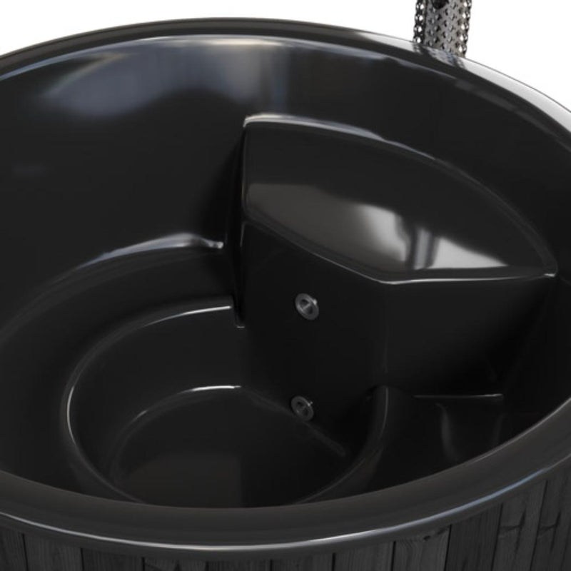 SaunaLife Model S6B wood burning hot tub with natural wooden exterior and open seating, designed for outdoor relaxation.
