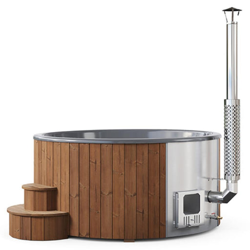 SaunaLife Model S6N wood burning hot tub with wooden exterior and open seating area, set outdoors on a natural landscape.