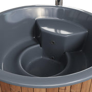 Wood-burning SaunaLife Model S6N hot tub with wooden exterior and open seating area, designed for outdoor relaxation.
