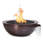 Sedona 27 inch hammered patina copper fire and water bowl by The Outdoor Plus, active gas flame with gravity spill water cascading over rim