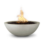 Sedona 27 inch GFRC concrete fire bowl in ash finish with active gas flame, light grey concrete tone
