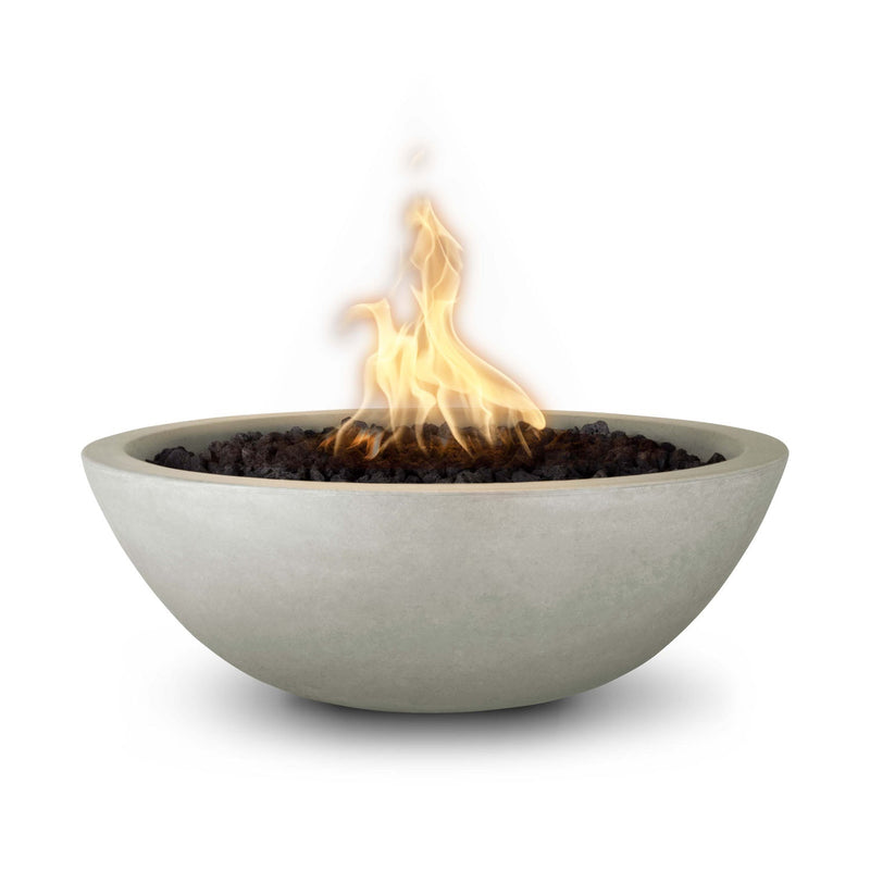 Sedona 27 inch GFRC concrete fire bowl in ash finish with active gas flame, light grey concrete tone