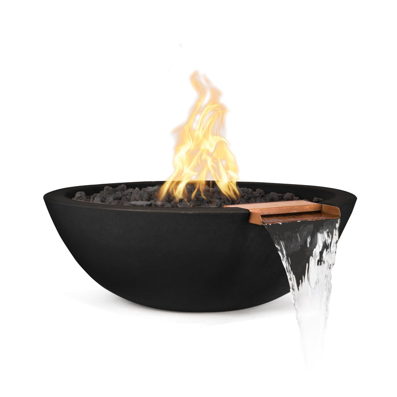 Sedona 27 inch GFRC concrete fire water bowl black finish with cascading water and active flame