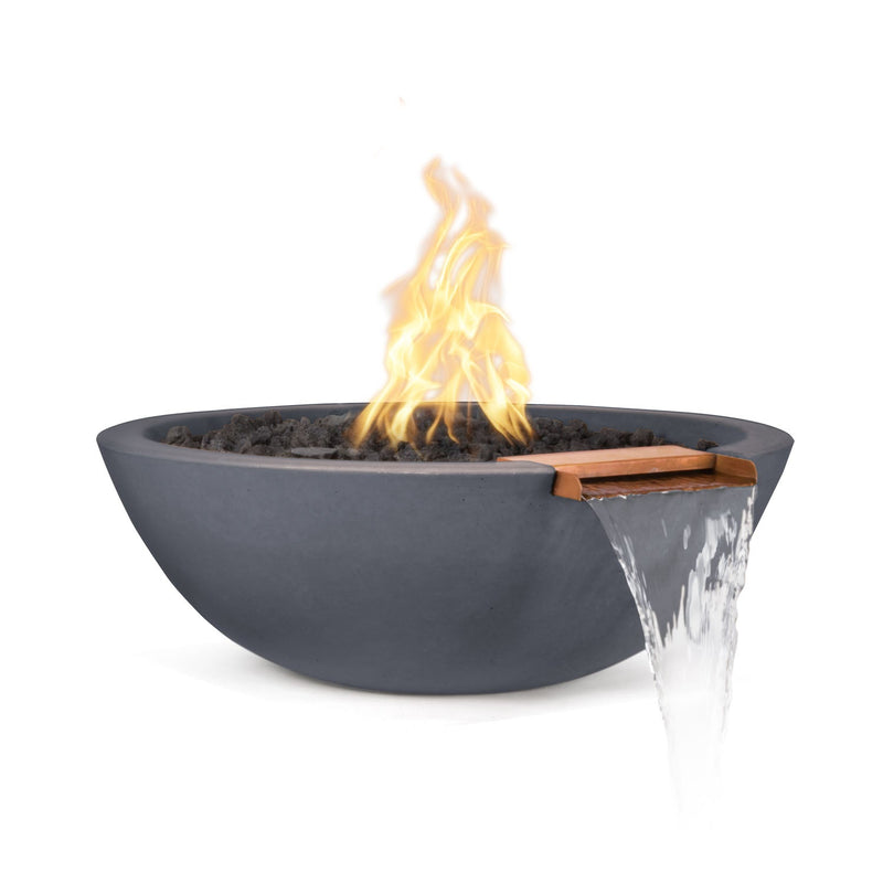 Sedona 27 inch GFRC concrete fire bowl showing concrete texture detail and burner system