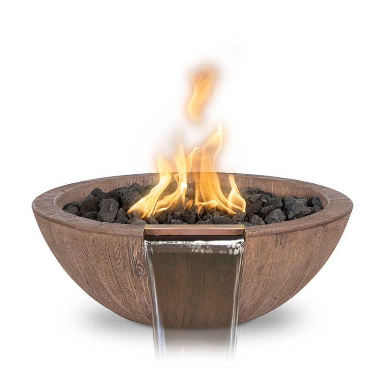 Sedona 27 inch GFRC wood grain fire water bowl oak finish — warm earthy outdoor fire feature LP or NG