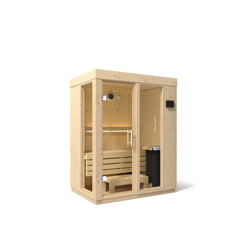 Kohler C1 small 2-person indoor sauna in Scandinavian Spruce, three-quarter view with glass front