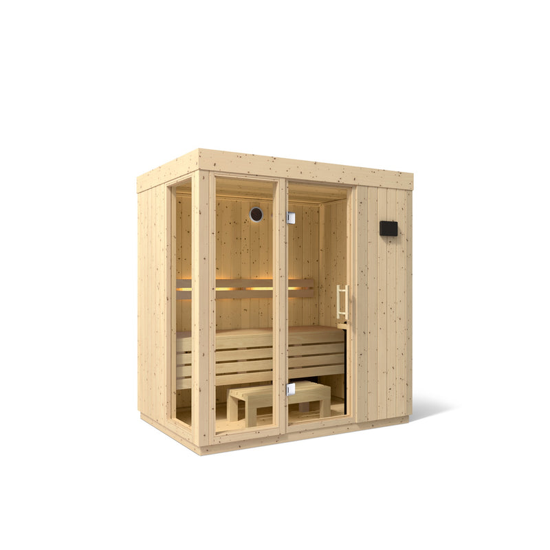Kohler C1 medium 3-person indoor sauna in Scandinavian Spruce, three-quarter view with glass front
