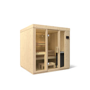 Kohler C1 large 5-person indoor sauna in Scandinavian Spruce, three-quarter view with glass front