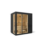 Kohler C1 medium 3-person indoor sauna in Graphite Grey, three-quarter view with glass front and spruce interior