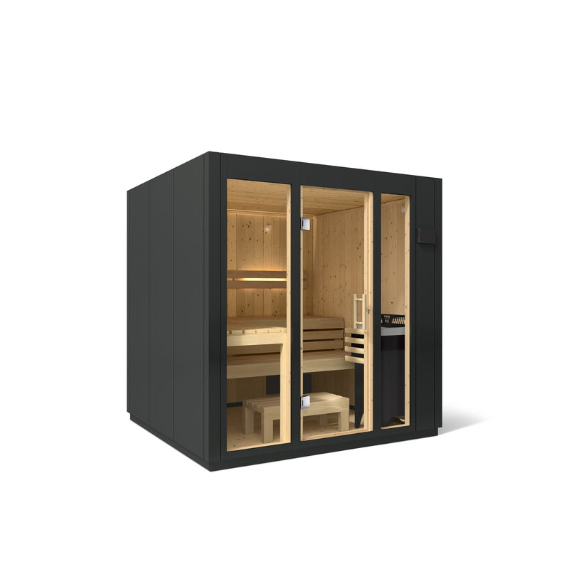 Kohler C1 large 5-person indoor sauna in Graphite Grey, three-quarter view with glass front and spruce interior