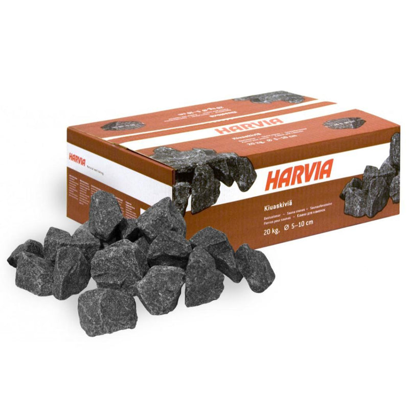 Harvia sauna heater stones in a pile, showing natural volcanic rocks used for sauna heating.