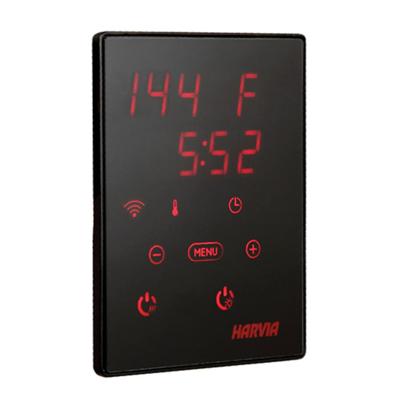 Harvia Xenio CX170 sauna control panel mounted on a wall, with digital display and control buttons for sauna heater management.