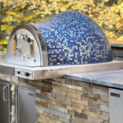 HPC Villa Series dual fuel wood and gas pizza oven with glass tile exterior for outdoor cooking, black onyx finish.