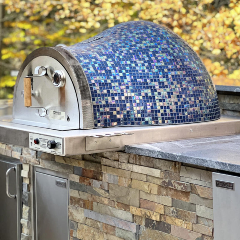 HPC Villa Series dual fuel wood and gas pizza oven with glass tile exterior for outdoor cooking, black onyx finish.