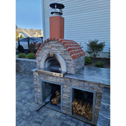 HPC Di Napoli Series outdoor dual fuel wood and gas pizza oven with glass tile exterior, suitable for outdoor cooking.